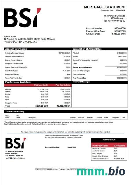 Monako BSI Monaco wyciąg z kredytu hipotecznego szablon Word i PDF